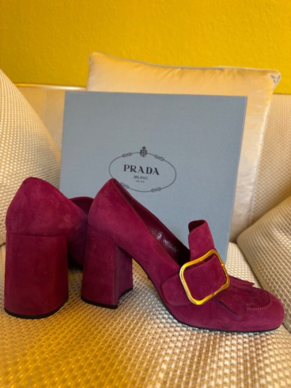 Prada Fuchsia Suede Kiltie Fringe Block Heel Loafer Pumps, size 7 - Picture 6 of 8
